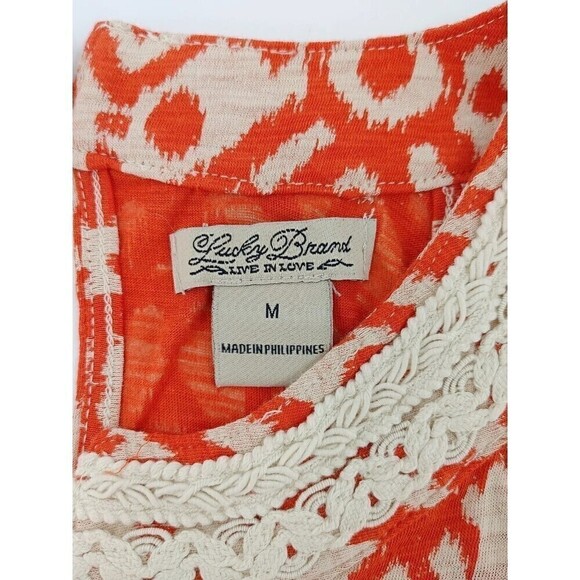 Lucky Brand Womens Top Medium Orange Ikat Print Halter Crochet Trim Boho Summer - Picture 4 of 9